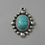 Alloy Pendants, with Imitation Synthetic Turquoise, Antique Silver, Rhombus, 30x21.5x6mm, Hole: 2mm(FIND-TAC0020-05D)