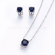 304 Stainless Steel Jewelry Sets, Pendant Necklaces and Stud Earrings, with Cubic Zirconia, Dark Blue, Stainless Steel Color, 17.71 inch(45cm), 7x6x4.5mm, Pin: 0.8mm(SJEW-H133-01P-C)