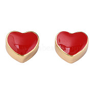 Brass Beads, with Enamel, Nickel Free, Heart, Real 18K Gold Plated, 9.5x11x7.5mm, Hole: 3mm(KK-N233-255)