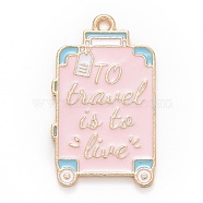 Alloy Enamel Pendants, Suitcase with Word, Light Gold, Pink, 32x18.5x1.5mm, Hole: 1.8mm(FIND-B007-03LG)