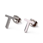 304 Stainless Steel Greek Alphabet Stud Earrings, Manual Polishing, Letter.T, 7~11x2~10x1.5mm, Pin: 0.8mm(STAS-D007-07P-10)