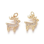 Brass Charms, with Clear Cubic Zirconia and Jump Rings, Christmas Reindeer/Stag, Golden, 15x12x1.5mm, Hole: 2.5mm(ZIRC-L087-017G)