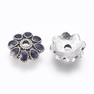 Alloy Enamel Flower Bead Caps, 8-Petal, Antique Silver, Black, 10x3mm, Hole: 2mm(ENAM-J189-07AS-A)
