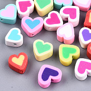 Handmade Polymer Clay Beads, Heart, Mixed Color, 8~9.5x9~10x5mm, Hole: 2mm(CLAY-T016-66)