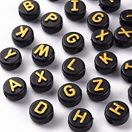 Opaque Black Acrylic Beads, Metal Enlaced, Horizontal Hole, Cube with Random Letters, Golden Plated, 10x6mm, Hole: 2mm(X-MACR-N008-48B)