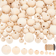 180Pcs 9 Sizes Round Natural Unfinished Wood Beads, Undyed, with 1 Board Jute Cord, Beige, Beads: 6~30x5~30mm, Hole: 2~6mm, 20pcs/size(WOOD-NB0002-15)