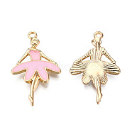 Light Gold Plated Alloy Pendants, with Enamel, Ballet Dancer, Pearl Pink, 30.5x18x2.5mm, Hole: 1.8mm(X-ENAM-T009-18C)
