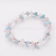 Gemstone Stretch Bracelets, with Iron Findings, Silver Color Plated Natural Aquamarine and Rose Quartz Beads, Sky Blue and Pink, 55mm(BJEW-JB02414-05)