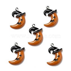 Halloween Opaque Resin Pendants, with Platinum Tone Iron Loops, Moon with Black Witch Hat, Chocolate, 27.5x18x5mm, Hole: 2mm(RESI-D055-106P)