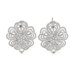Flower Brass Micro Pave Cubic Zirconia Stud Earrings Finding, with Horizontal Loops, Cadmium Free & Lead Free, Platinum, 16.5x16mm, Hole: 1.5mm, Pin: 0.8mm(KK-E083-18P)