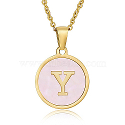 Natural Shell Initial Letter Pendant Necklace, with Golden Stainless Steel Cable Chains, Letter Y, 17.72 inch(45cm)(LE4192-24)