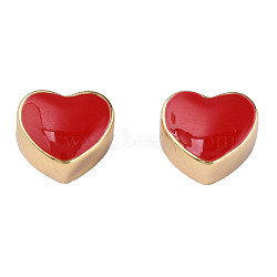 Brass Beads, with Enamel, Nickel Free, Heart, Real 18K Gold Plated, 9.5x11x7.5mm, Hole: 3mm(KK-N233-255)