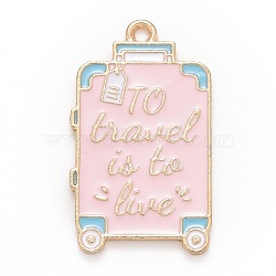 Alloy Enamel Pendants, Suitcase with Word, Light Gold, Pink, 32x18.5x1.5mm, Hole: 1.8mm(FIND-B007-03LG)