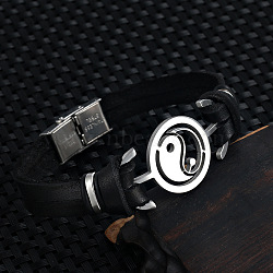 Stainless Steel Yin Yang Link Bracelet with Leather Cords, Black, 7-7/8 inch(20cm)(PW-WG54823-01)