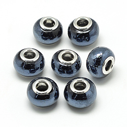 Handmade Lampwork European Beads, with Brass Double Cores, Large Hole Beads, Rondelle, Platinum, Prussian Blue, 13~14x10~11mm, Hole: 5mm(LAMP-T004-30D)