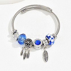 Stainless Steel European Bracelet, Charm Bracelet for Women, Feather, Inner Diameter: 2-3/8~2-3/4 inch(6~7cm)(OQ8559-5)