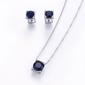 304 Stainless Steel Jewelry Sets, Pendant Necklaces and Stud Earrings, with Cubic Zirconia, Dark Blue, Stainless Steel Color, 17.71 inch(45cm), 7x6x4.5mm, Pin: 0.8mm