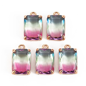 Gradient Color Glass Pendants, with Brass Prong Settings, Faceted, Rectangle, Light Gold, Camellia, 17x10x5.5mm, Hole: 1.6mm