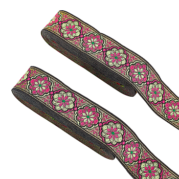 Ethnic Style Embroidery Polyester Ribbons, Jacquard Ribbon, Tyrolean Ribbon, Garment Accessories, Flower Pattern, Cerise, 1-3/8 inch(34mm), 0.5mm, about 7.66 Yards(7m)/pc