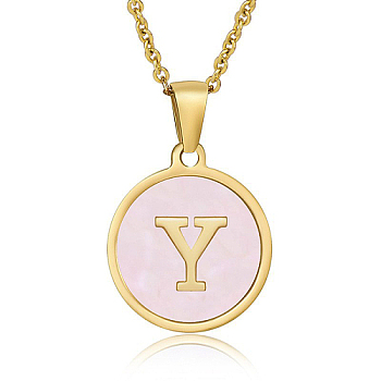 Natural Shell Initial Letter Pendant Necklace, with Golden Stainless Steel Cable Chains, Letter Y, 17.72 inch(45cm)