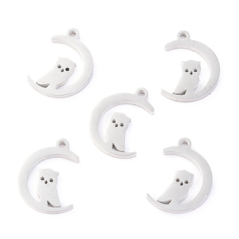 304 Stainless Steel Charms, Laser Cut, for Halloween, Moon with Owl, Stainless Steel Color, 12x9x1.1mm, Hole: 1mm