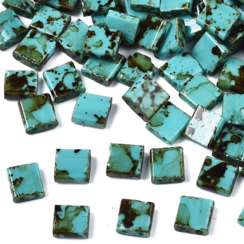 2-Hole Opaque Glass Seed Beads, Antique Style, Rectangle, Medium Turquoise, 5x4.5~5.5x2~2.5mm, Hole: 0.5~0.8mm