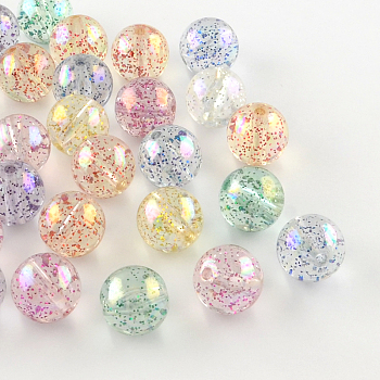 Round AB Color Transparent Acrylic Beads, with Colorful Glitter Powder, Mixed Color, 14mm, Hole: 2mm