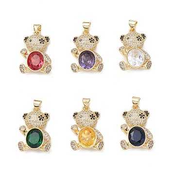 Brass Micro Pave Cubic Zirconia Pendants, Real 16K Gold Plated, Bear Charms, Mixed Color, 25x16.5x6mm, Hole: 5x3mm