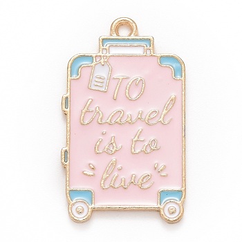 Alloy Enamel Pendants, Suitcase with Word, Light Gold, Pink, 32x18.5x1.5mm, Hole: 1.8mm
