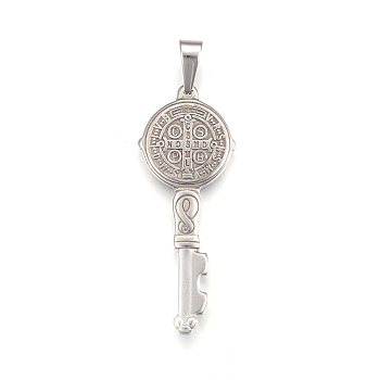 304 Stainless Steel Big Pendants, Key with Saint Benedict Medal, Stainless Steel Color, 52x20.5x3.5mm, Hole: 4.5x8.5mm