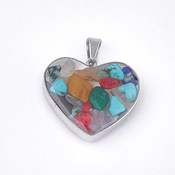 Natural & Synthetic Mixed Stone Pendants, with Glass and 304 Stainless Steel Findings, Heart, Stainless Steel Color, 19x21x6mm, Hole: 3x5.5mm