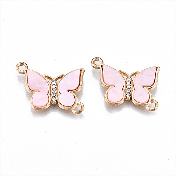 Eco-Friendly Alloy Micro Pave Clear Cubic Zirconia Links Connectors, with Acrylic Cadmium Free & Lead Free & Nickel Free, Butterfly, Light Gold, Pink, 18x22x3mm, Hole: 1.8mm
