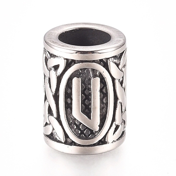 304 Stainless Steel European Beads, Large Hole Beads,  Column with Letter, Antique Silver, Letter.U, 13.5x10mm, Hole: 6mm