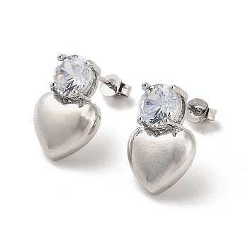 Heart Rack Plating Brass Micro Pave Clear Cubic Zirconia Stud Earrings, Cadmium Free & Lead Free, Platinum, 17.5x12mm