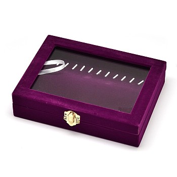 Wooden Rectangle Jewelry Boxes, Covered with Velvet, with Glass and Iron Clasps, Purple, 20x15.7x4.7cm