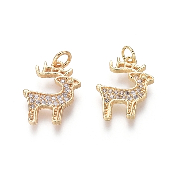 Brass Charms, with Clear Cubic Zirconia and Jump Rings, Christmas Reindeer/Stag, Golden, 15x12x1.5mm, Hole: 2.5mm