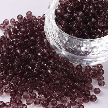 (Repacking Service Available) Glass Seed Beads, Transparent, Round, Pale Violet Red, 8/0, 3mm, Hole: 1mm, about 12G/bag