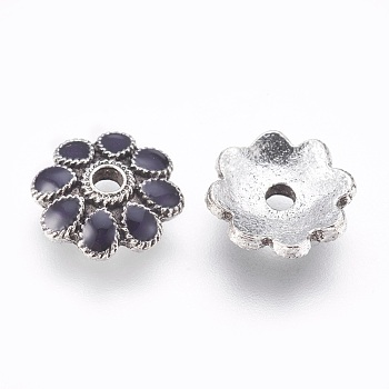 Alloy Enamel Flower Bead Caps, 8-Petal, Antique Silver, Black, 10x3mm, Hole: 2mm