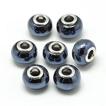 Handmade Lampwork European Beads, with Brass Double Cores, Large Hole Beads, Rondelle, Platinum, Prussian Blue, 13~14x10~11mm, Hole: 5mm