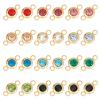 24Pcs 12 Colors 304 Stainless Steel Rhinestone Connector Charms, Golden, Flat Round, Mixed Color, 12x6.5x4mm, Hole: 2mm, 2pcs/color