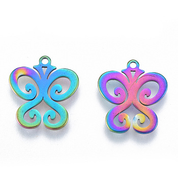 Ion Plating(IP) 201 Stainless Steel Charms, Butterfly, Rainbow Color, 15x13.5x1mm, Hole: 1.2mm