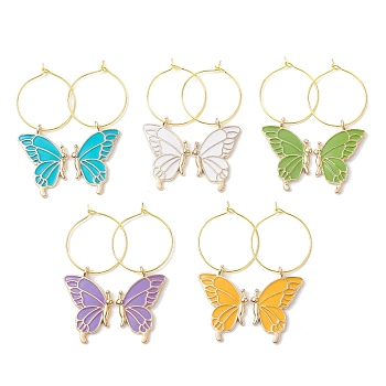 Alloy Enamel Wine Glass Charms, with Brass Hoop Earring Findings, Butterfly, Mixed Color, 58x30mm, Inner Diameter: 24mm