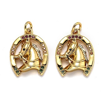 Brass Micro Pave Cubic Zirconia Pendants, Long-Lasting Plated, with Jump Rings, Horse, Golden, 18.5x14.5x3.5mm, Hole: 3mm
