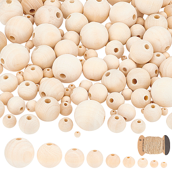180Pcs 9 Sizes Round Natural Unfinished Wood Beads, Undyed, with 1 Board Jute Cord, Beige, Beads: 6~30x5~30mm, Hole: 2~6mm, 20pcs/size