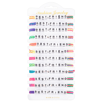 12Pcs 12 Color Word Best Friend Acrylic Braided Bead Bracelets Set, Polyester Adjustable Bracelets for Women, Mixed Color, Inner Diameter: 2-1/4~3-3/4 inch(5.6~9.6cm), 1Pc/color