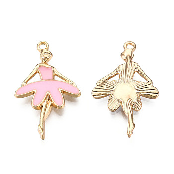 Light Gold Plated Alloy Pendants, with Enamel, Ballet Dancer, Pearl Pink, 30.5x18x2.5mm, Hole: 1.8mm