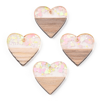 Transparent Resin & White Wood Pendants, Heart Charms with Paillettes, Clear, 24x25x3.5~4mm, Hole: 2mm