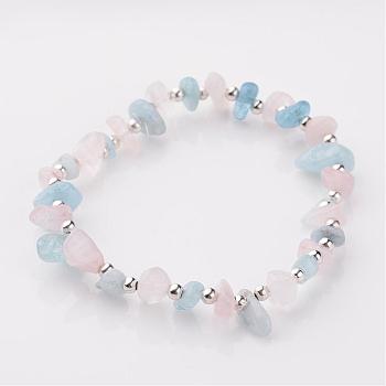 Gemstone Stretch Bracelets, with Iron Findings, Silver Color Plated Natural Aquamarine and Rose Quartz Beads, Sky Blue and Pink, 55mm