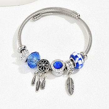 Stainless Steel European Bracelet, Charm Bracelet for Women, Feather, Inner Diameter: 2-3/8~2-3/4 inch(6~7cm)