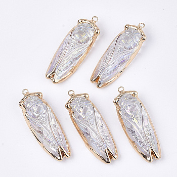 Electroplate Glass Big Pendants, with Iron Findings, AB Color, Cicada, Golden, Clear AB, 53~55x18~19x13mm, Hole: 2.5mm